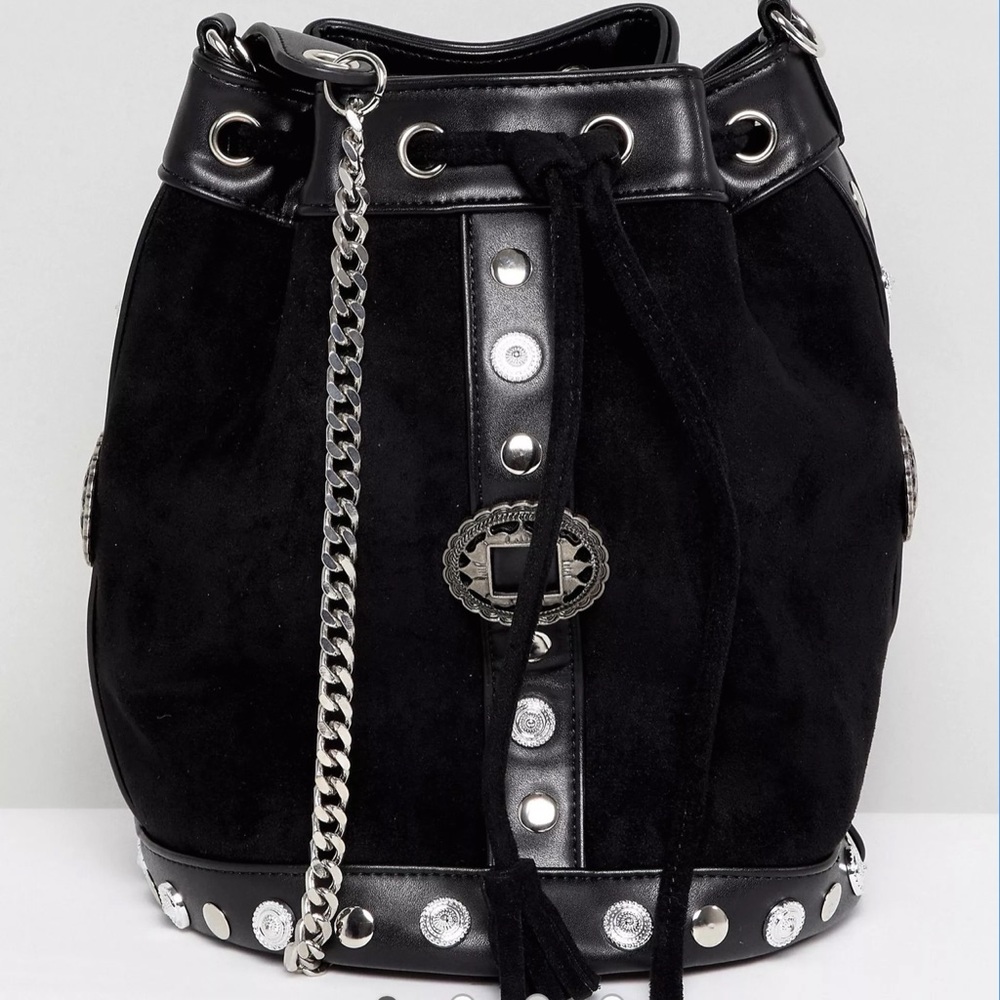 Black Suede Drawstring Crossbody Bucket Bag